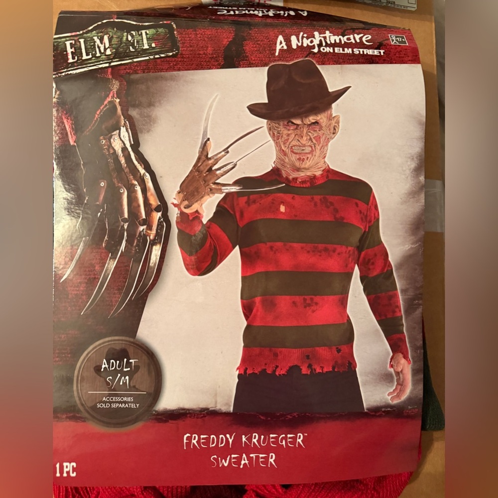 Freddy Krueger Adult Costume Sweater - Red and Black. Includes glove and hat.